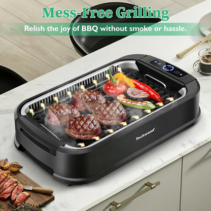 Techwood 1500W Indoor Smokeless Electric Grill – Korean BBQ with Adjustable Temp, Removable Nonstick Plates (Grill & Griddle), Tempered Glass Lid