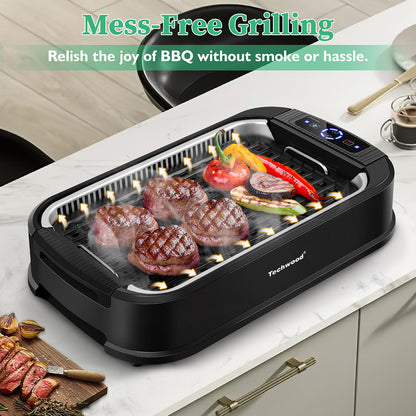 Techwood 1500W Indoor Grill, Smokeless Electric Grill, Portable Korean BBQ Grill with 6-level Control, Tempered Glass Lid, Dishwasher Safe, Double Plates(Black)