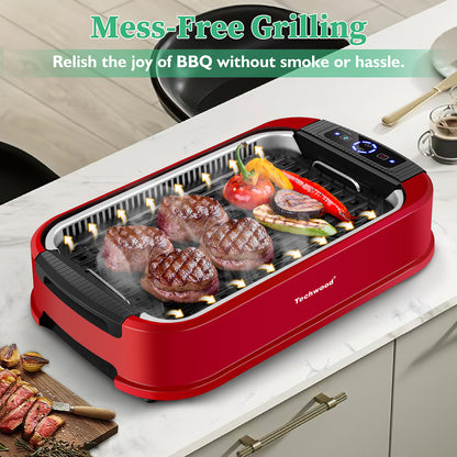 Techwood 1500W Electric Indoor Grill with Tempered Glass Lid, Compact & Portable Non-stick BBQ Grill, Turbo Smoke Extractor Technology, Drip Tray& Double Removable Plate(Red)