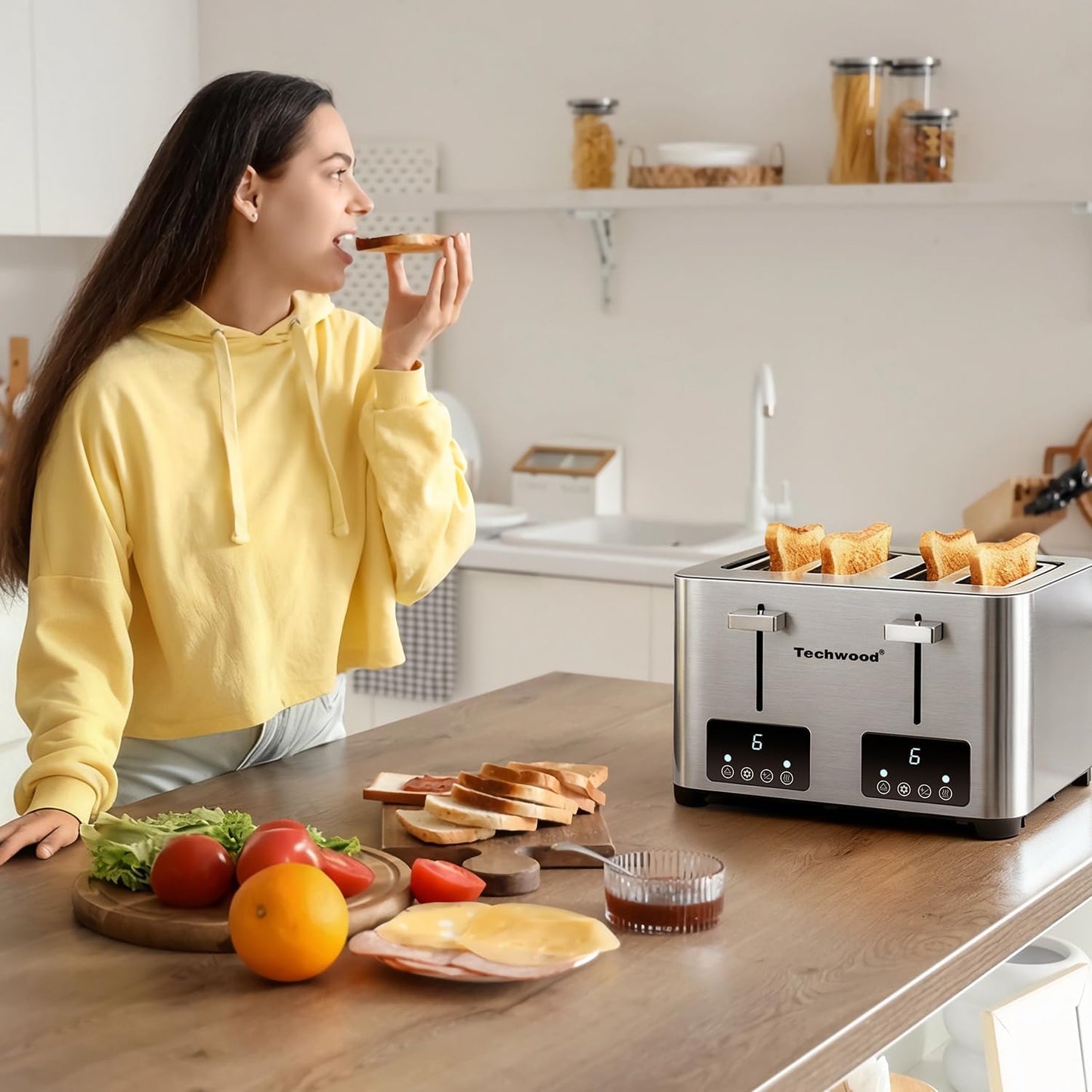 Techwood 4 Slice Stainless Steel Toaster with Extra Wide Slots, LED Display & 6 Shade Settings, Ideal for Bagels, Waffles & Thick Bread, Defrost/Cancel Functions, Removable Crumb Trays, 1500W