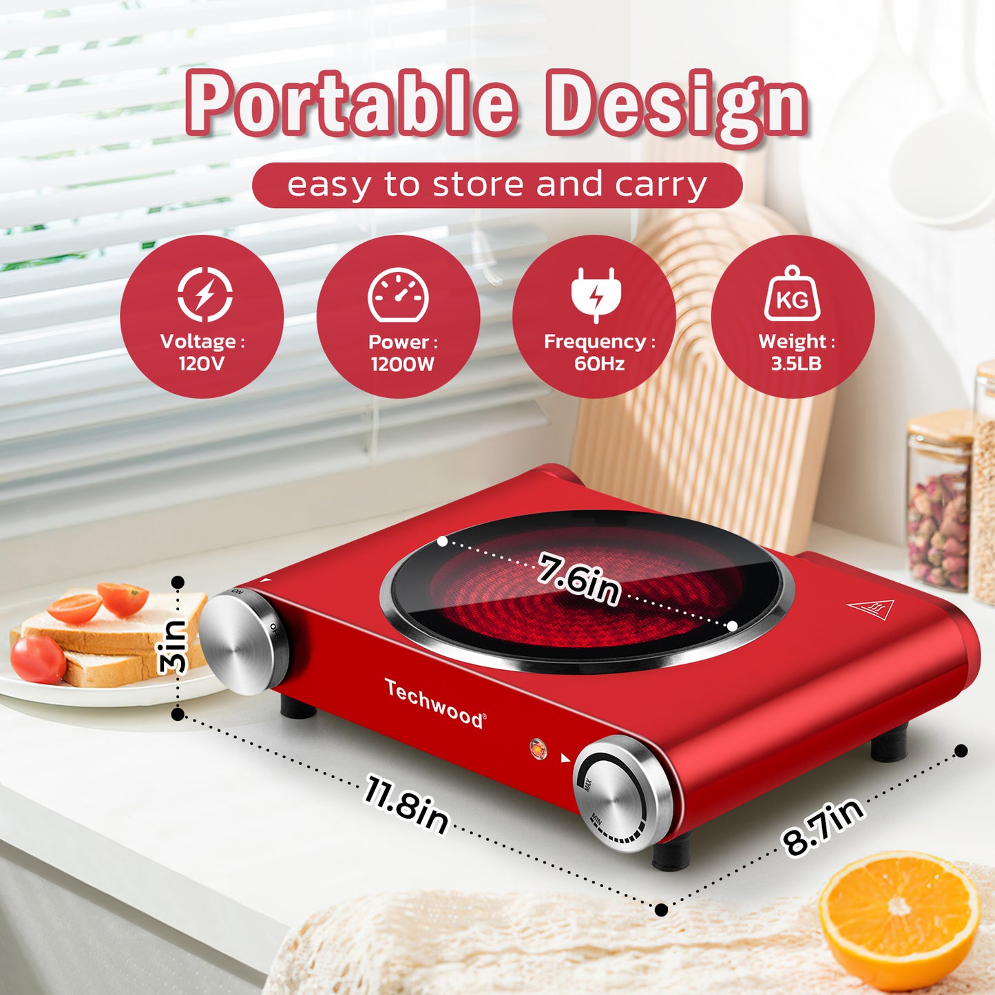 Techwood 1200W Infrared Ceramic Single Hot Plate(Red)