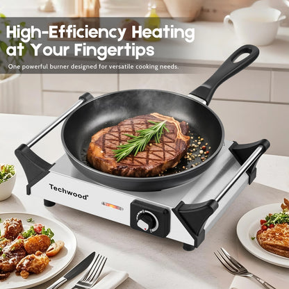 Techwood Hot Plate, Electric Stove for Cooking,1500 Watts Electric Hot Plate, Power Indicator Lights, Easy to Clean, Temperature Controls(Silver)