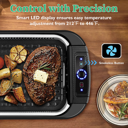 Techwood 1500W Indoor Grill, Smokeless Electric Grill, Portable Korean BBQ Grill with 6-level Control, Tempered Glass Lid, Dishwasher Safe, Double Plates(Black)