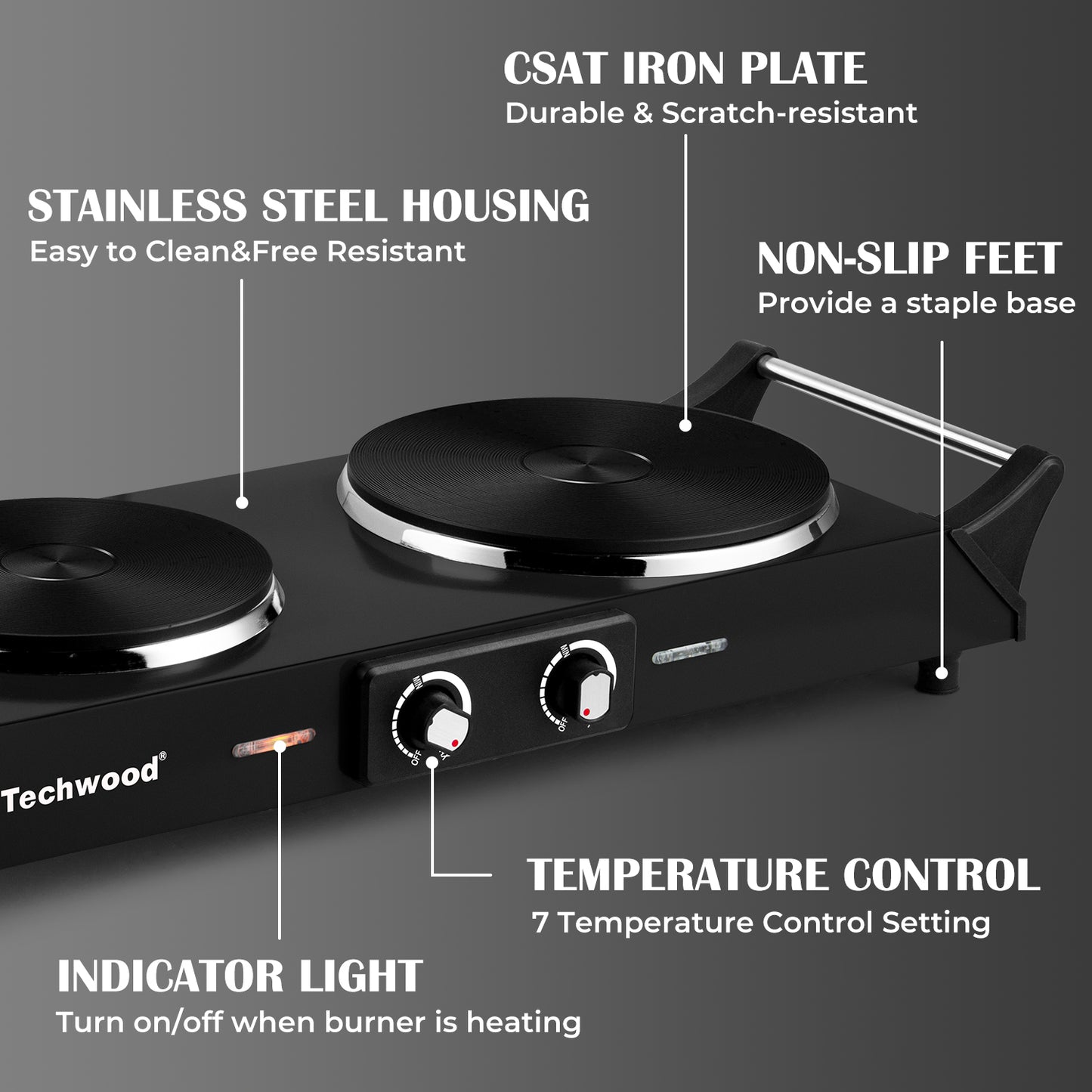 Techwood 1800W Stainless Steel Dual Hot Plate with Stay Cool Handles(Black)