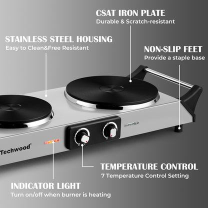 Techwood 1800W Stainless Steel Dual Hot Plate with Stay Cool Handles(Silver)