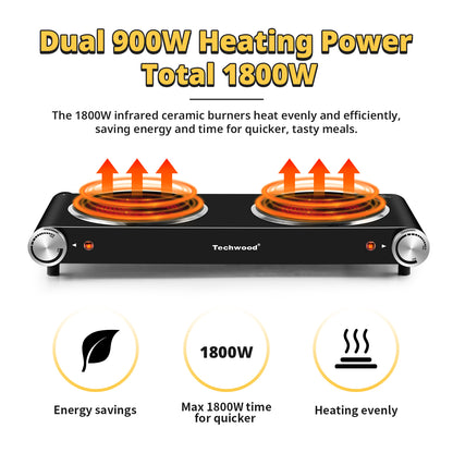 Techwood 1800W Electric Hot Plate Cooktop for Cooking, Infrared Ceramic Countertop Stove Top 2 Burners, Stainless Steel Portable Electric Burner, Knob Control, Easy To Clean(Black)