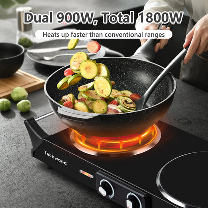 Techwood 1800W Dual Control Infrared Ceramic Electric Hot Plate with Anti-Scald Handle, Dual Electric Stove Burners, Techwood Electric Cooktop, Techwood Double Burner for Cooking(Black)