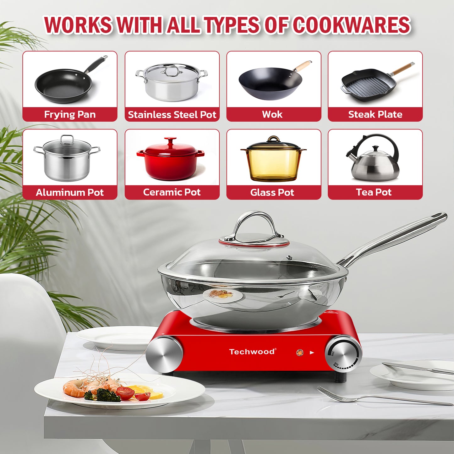 Techwood 1200W Infrared Ceramic Single Hot Plate(Red)