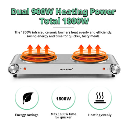 Techwood 1800W Electric Hot Plate Cooktop for Cooking, Infrared Ceramic Countertop Stove Top 2 Burners, Stainless Steel Portable Electric Burner, Knob Control, Easy To Clean(Silver)