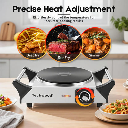 Techwood Hot Plate, Electric Stove for Cooking,1500 Watts Electric Hot Plate, Power Indicator Lights, Easy to Clean, Temperature Controls(Silver)