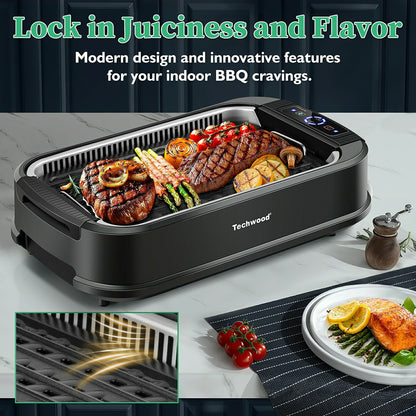 Techwood 1500W Indoor Smokeless Electric Grill – Korean BBQ with Adjustable Temp, Removable Nonstick Plates (Grill & Griddle), Tempered Glass Lid