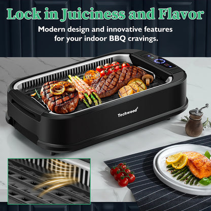 Techwood 1500W Indoor Grill, Smokeless Electric Grill, Portable Korean BBQ Grill with 6-level Control, Tempered Glass Lid, Dishwasher Safe, Double Plates(Black)