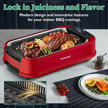 Techwood 1500W Electric Indoor Grill with Tempered Glass Lid, Compact & Portable Non-stick BBQ Grill, Turbo Smoke Extractor Technology, Drip Tray& Double Removable Plate(Red)