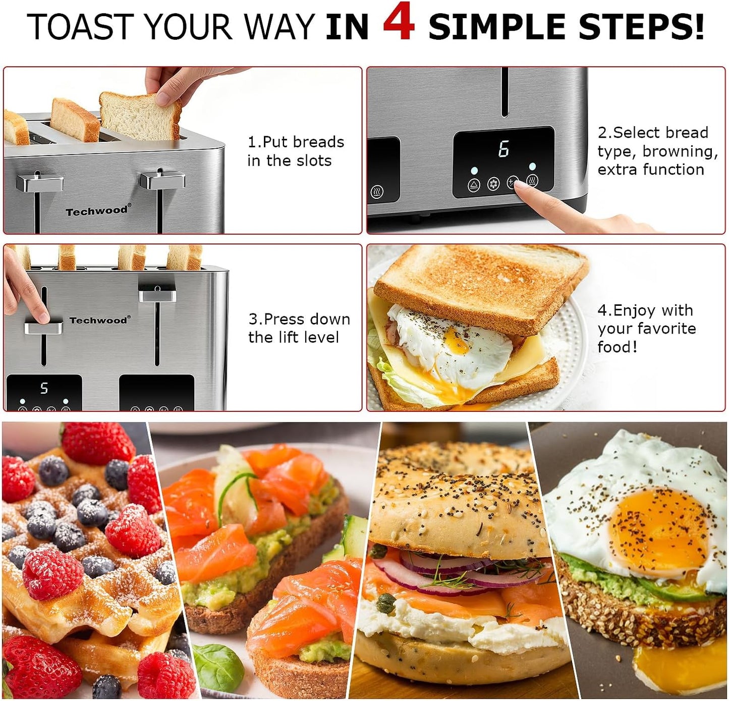 Techwood 4 Slice Stainless Steel Toaster with Extra Wide Slots, LED Display & 6 Shade Settings, Ideal for Bagels, Waffles & Thick Bread, Defrost/Cancel Functions, Removable Crumb Trays, 1500W