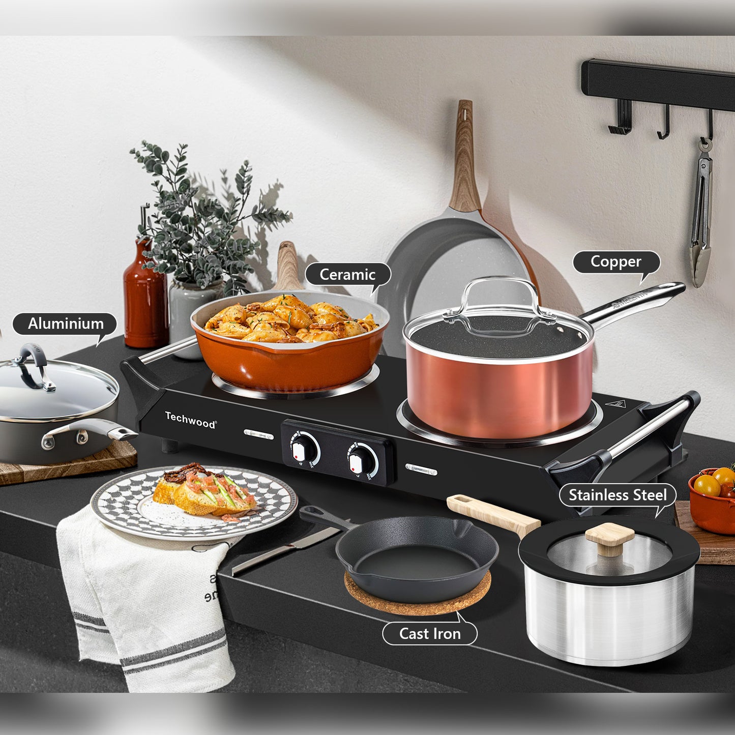 Techwood 1800W Dual Control Infrared Ceramic Electric Hot Plate with Anti-Scald Handle, Dual Electric Stove Burners, Techwood Electric Cooktop, Techwood Double Burner for Cooking(Black)