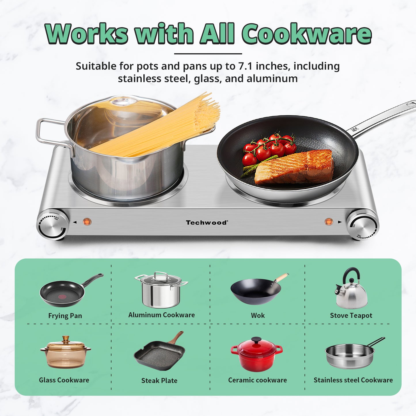 Techwood 1800W Electric Hot Plate Cooktop for Cooking, Infrared Ceramic Countertop Stove Top 2 Burners, Stainless Steel Portable Electric Burner, Knob Control, Easy To Clean(Silver)