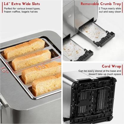 Techwood 4 Slice Stainless Steel Toaster with Extra Wide Slots, LED Display & 6 Shade Settings, Ideal for Bagels, Waffles & Thick Bread, Defrost/Cancel Functions, Removable Crumb Trays, 1500W