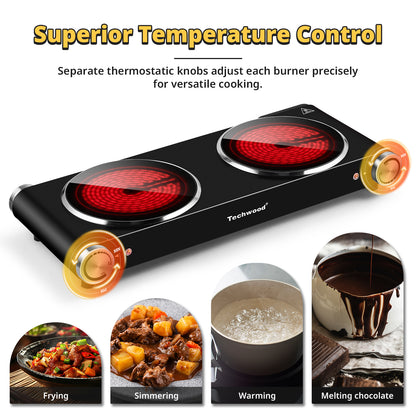 Techwood 1800W Electric Hot Plate Cooktop for Cooking, Infrared Ceramic Countertop Stove Top 2 Burners, Stainless Steel Portable Electric Burner, Knob Control, Easy To Clean(Black)