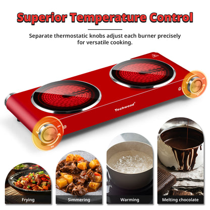 Techwood 1800W Electric Hot Plate Cooktop for Cooking, Infrared Ceramic Countertop Stove Top 2 Burners, Stainless Steel Portable Electric Burner, Knob Control, Easy To Clean(Red)
