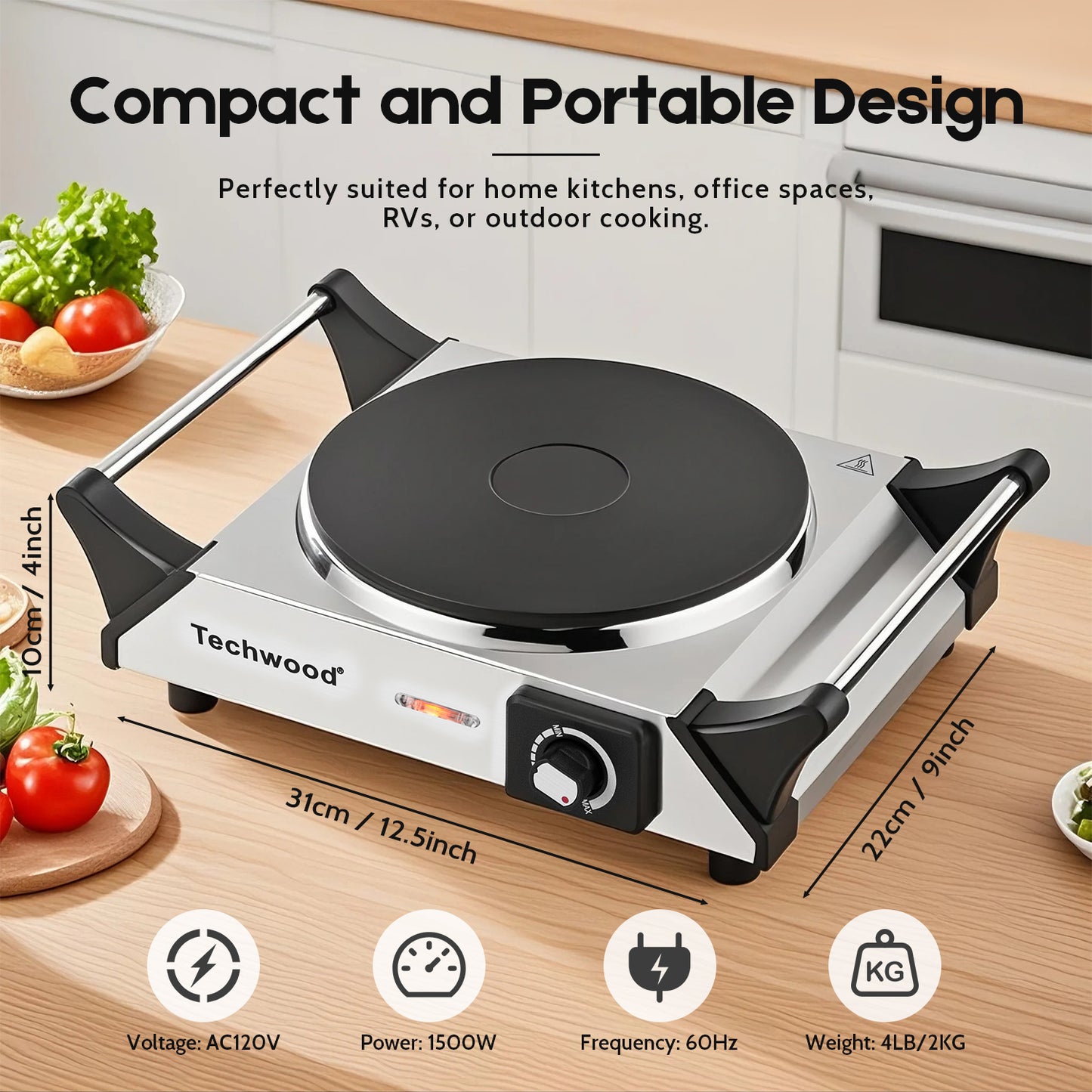 Techwood Hot Plate, Electric Stove for Cooking,1500 Watts Electric Hot Plate, Power Indicator Lights, Easy to Clean, Temperature Controls(Silver)