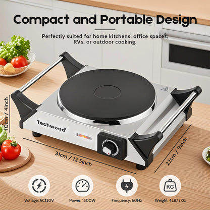 Techwood Hot Plate, Electric Stove for Cooking,1500 Watts Electric Hot Plate, Power Indicator Lights, Easy to Clean, Temperature Controls(Silver)
