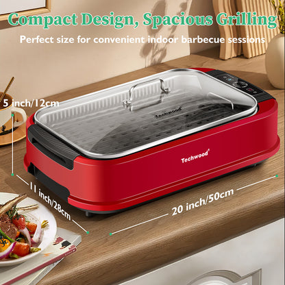 Techwood 1500W Electric Indoor Grill with Tempered Glass Lid, Compact & Portable Non-stick BBQ Grill, Turbo Smoke Extractor Technology, Drip Tray& Double Removable Plate(Red)