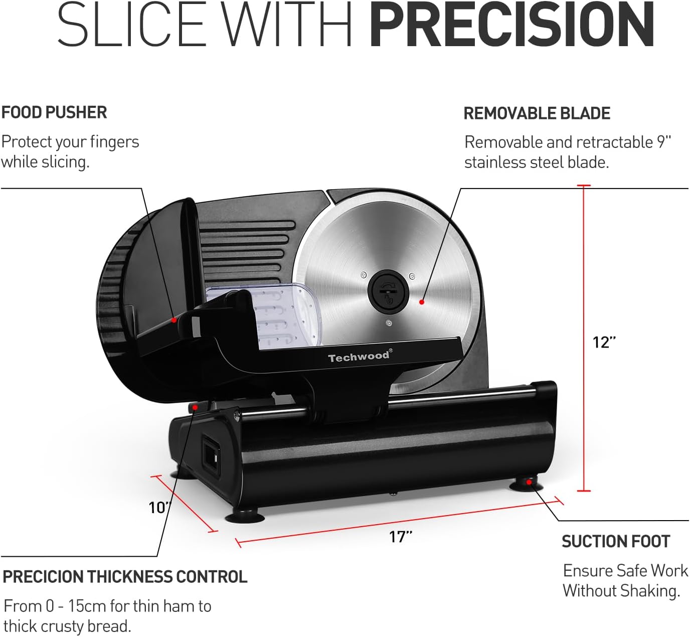 Techwood 9” Stainless Steel Blade Food Slicer with Adjustable Thickness, Removable Blade, Non-Slip Feet, Perfect for Cheese, Bread, Fruits & Vegetables