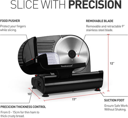Techwood 9” Stainless Steel Blade Food Slicer with Adjustable Thickness, Removable Blade, Non-Slip Feet, Perfect for Cheese, Bread, Fruits & Vegetables