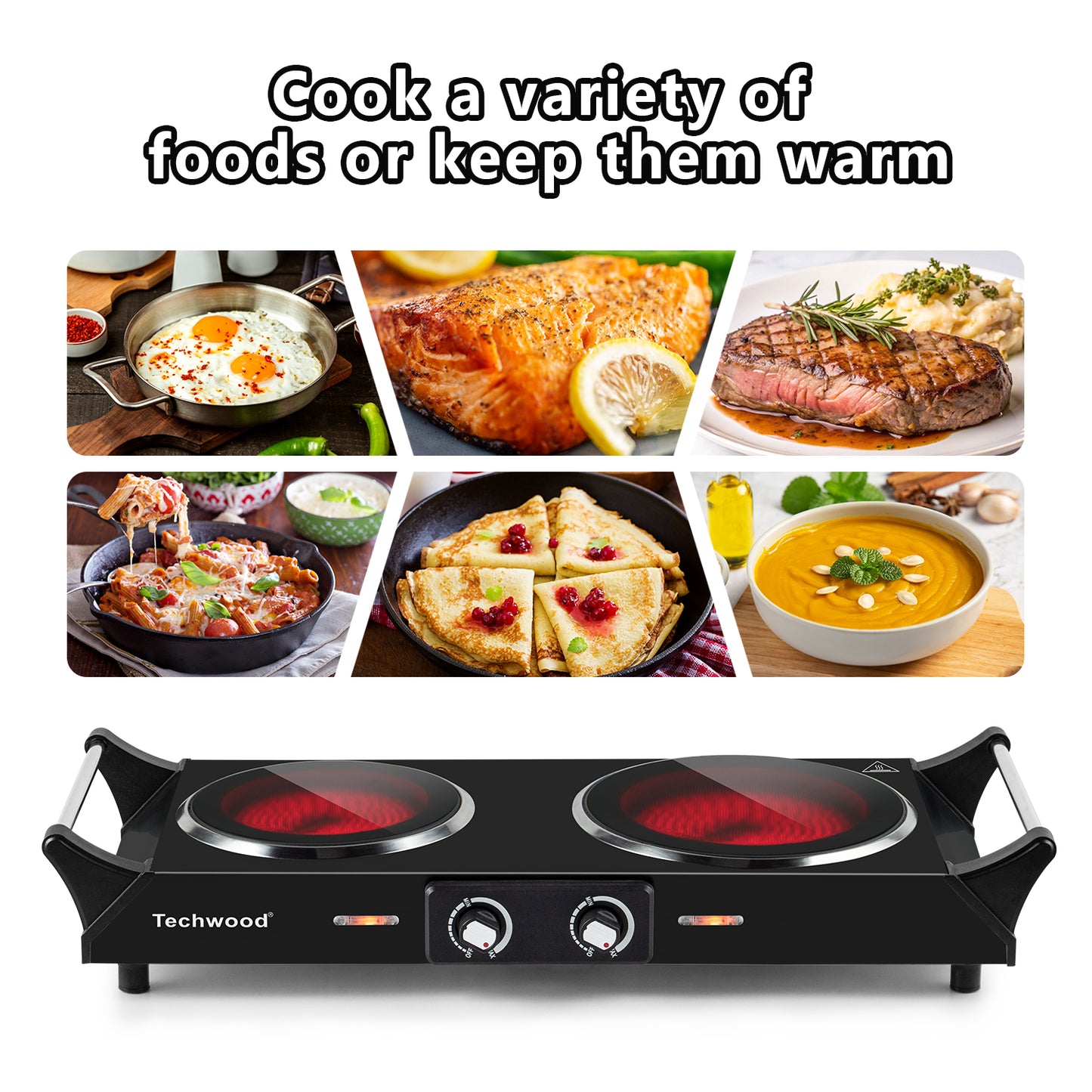 Techwood 1800W Dual Control Infrared Ceramic Electric Hot Plate with Anti-Scald Handle, Dual Electric Stove Burners, Techwood Electric Cooktop, Techwood Double Burner for Cooking(Black)
