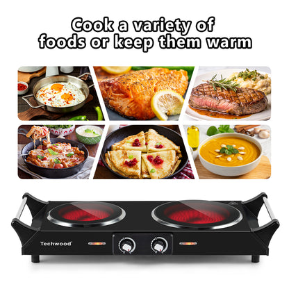 Techwood 1800W Dual Control Infrared Ceramic Electric Hot Plate with Anti-Scald Handle, Dual Electric Stove Burners, Techwood Electric Cooktop, Techwood Double Burner for Cooking(Black)