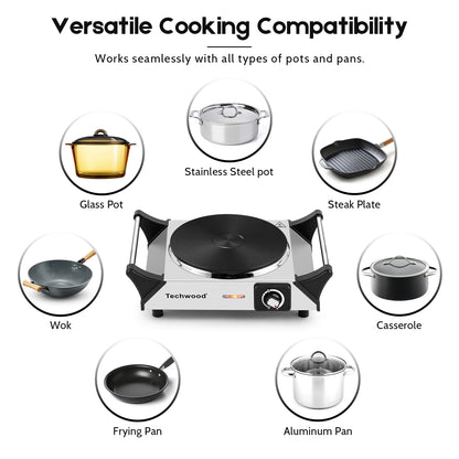 Techwood Hot Plate, Electric Stove for Cooking,1500 Watts Electric Hot Plate, Power Indicator Lights, Easy to Clean, Temperature Controls(Silver)