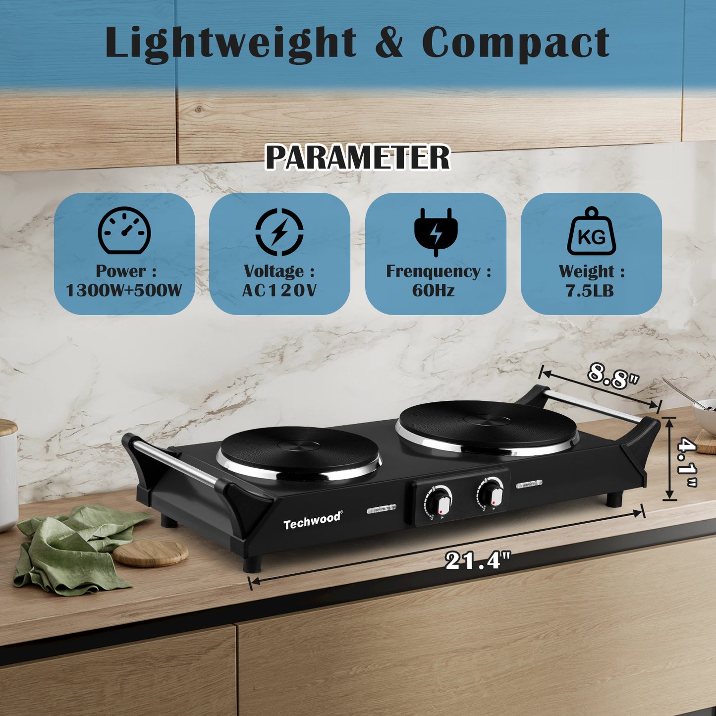 Techwood 1800W Stainless Steel Dual Hot Plate with Stay Cool Handles, Stainless Steel Hot Plate for Kitchen, Dorm, and Camping(Black)