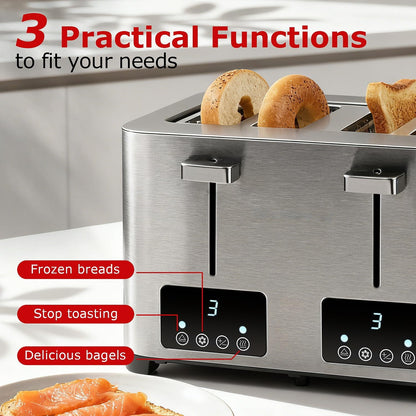 Techwood 4 Slice Stainless Steel Toaster with Extra Wide Slots, LED Display & 6 Shade Settings, Ideal for Bagels, Waffles & Thick Bread, Defrost/Cancel Functions, Removable Crumb Trays, 1500W