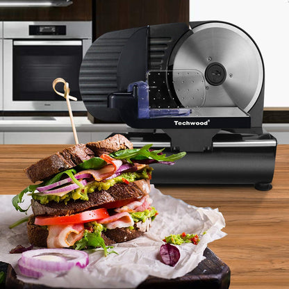 Techwood 9” Stainless Steel Blade Food Slicer with Adjustable Thickness, Removable Blade, Non-Slip Feet, Perfect for Cheese, Bread, Fruits & Vegetables