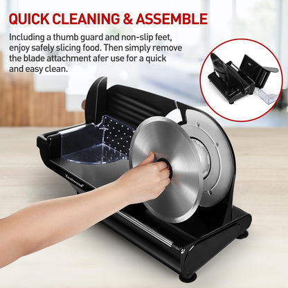 Techwood 9” Stainless Steel Blade Food Slicer with Adjustable Thickness, Removable Blade, Non-Slip Feet, Perfect for Cheese, Bread, Fruits & Vegetables
