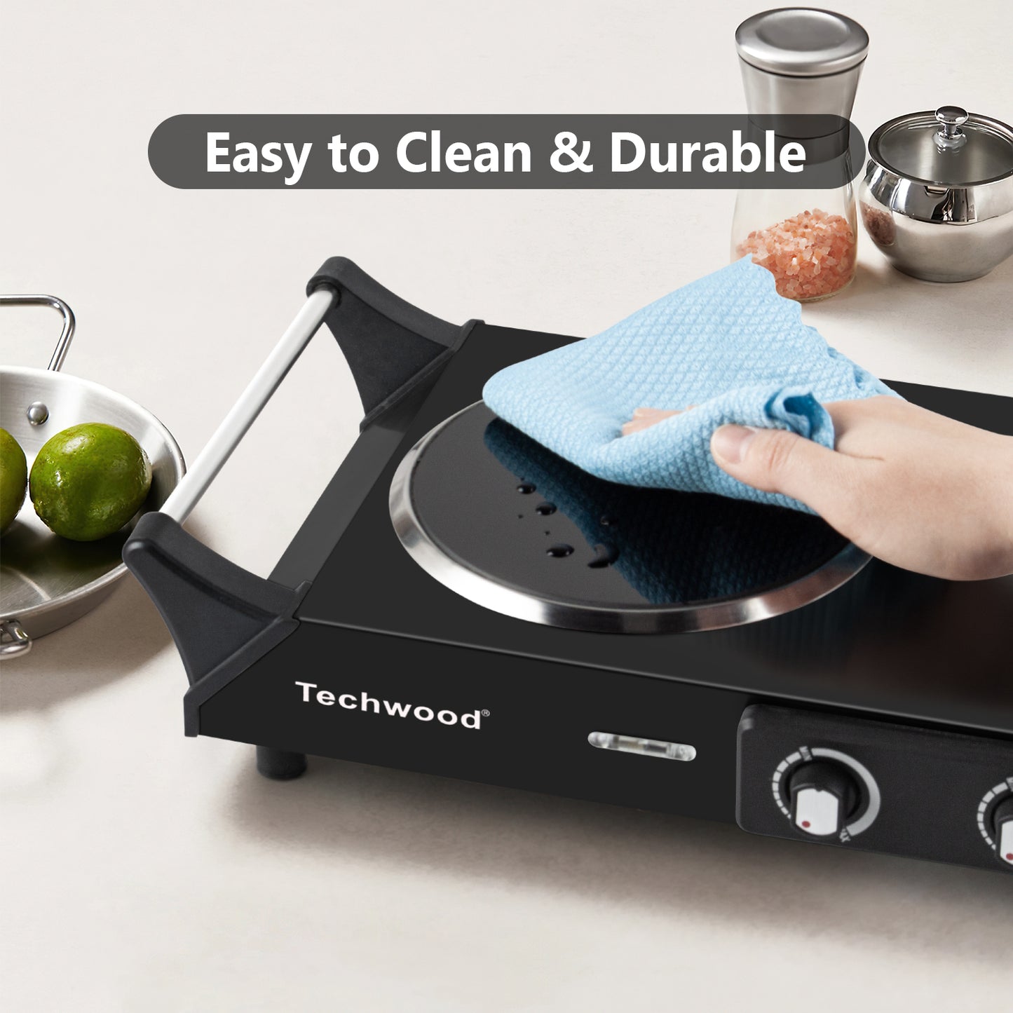Techwood 1800W Dual Control Infrared Ceramic Electric Hot Plate with Anti-Scald Handle, Dual Electric Stove Burners, Techwood Electric Cooktop, Techwood Double Burner for Cooking(Black)