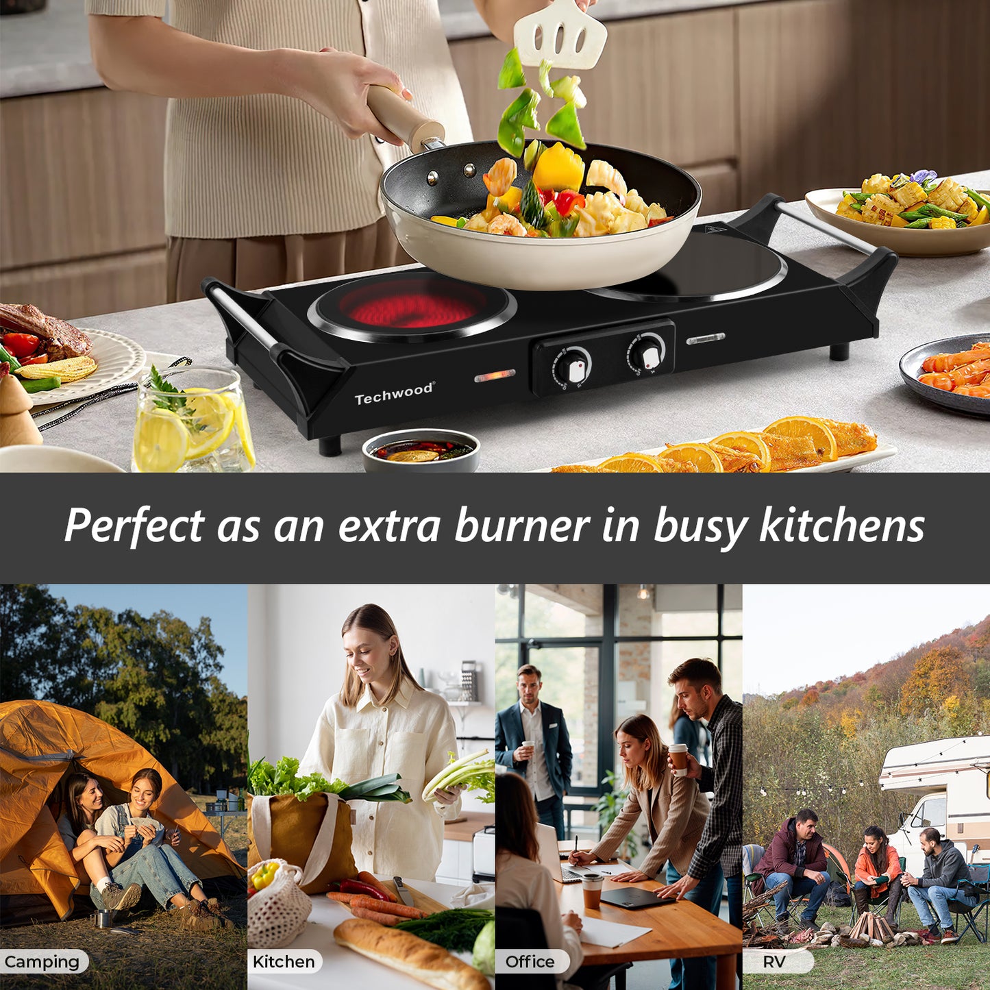 Techwood 1800W Dual Control Infrared Ceramic Electric Hot Plate with Anti-Scald Handle, Dual Electric Stove Burners, Techwood Electric Cooktop, Techwood Double Burner for Cooking(Black)