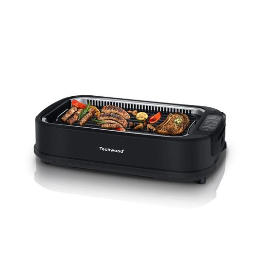 SP Techwood 1500W Indoor Grill, Smokeless Electric Grill, Portable Korean BBQ Grill with 6-level Control, Tempered Glass Lid, Dishwasher Safe, Double Plates(Black)