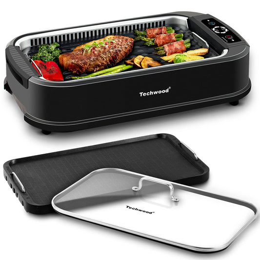 Techwood 1500W Smokeless Electric Grill with Non-Stick Grill Plates,Indoor Grill with Temperature Control, Tempered Glass Lid, Dishwasher-Safe