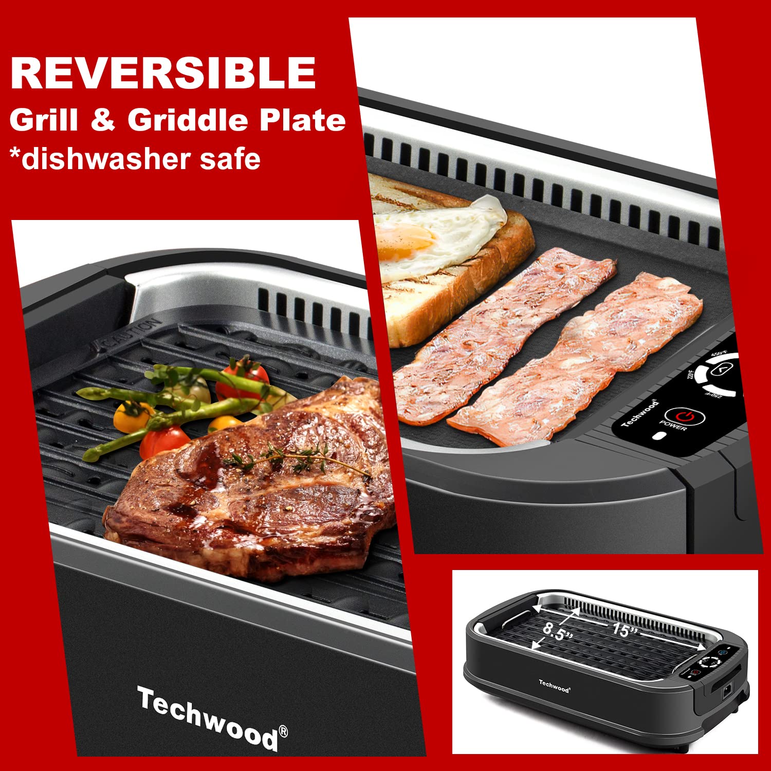 Techwood Smokeless Grill Indoor Grill Power Electric Grill, Compact& Portable Non-Stick BBQ Grill, Turbo Smoke Extractor