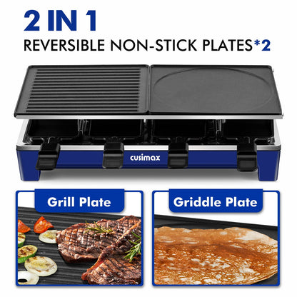 Raclette Double Grill Plates, Techwood Electric Table Indoor Grill Korean BBQ Grill, Removable 2-in-1 Non-Stick Grill Plate, 1500W Fast Heating with 8 Cheese Melt Pans, Ideal for Parties and Family Fun (Blue)