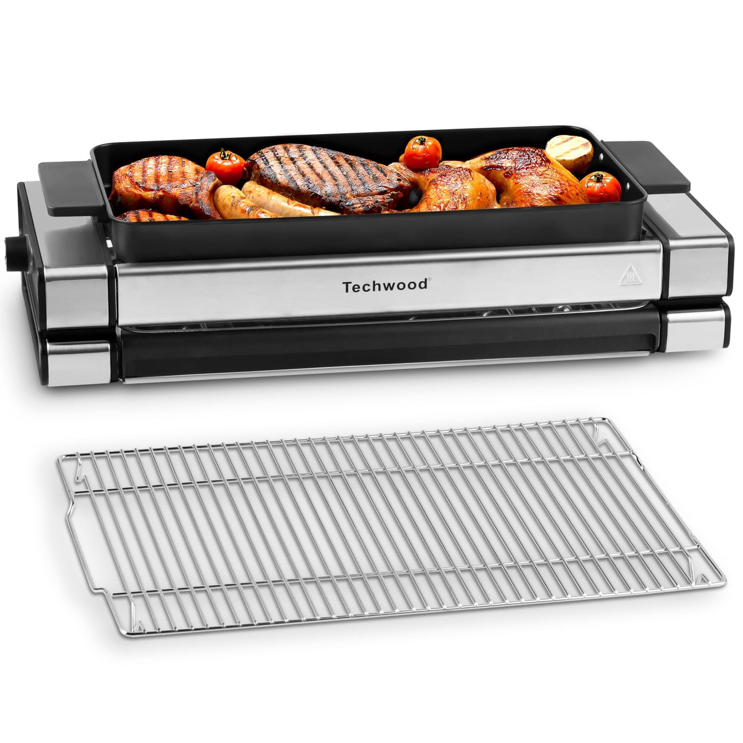 Techwood 1500W BBQ Grill with 5 Gear Temperature Adjustment & Metal Drip Tray, Handle, Removable Griddle and Grill Barbecue Plate for Party Cooking, Stainless Steel, Silver