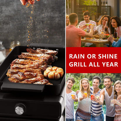 Techwood 1500W BBQ Grill with 5 Gear Temperature Adjustment & Metal Drip Tray, Handle, Removable Griddle and Grill Barbecue Plate for Party Cooking, Stainless Steel, Silver