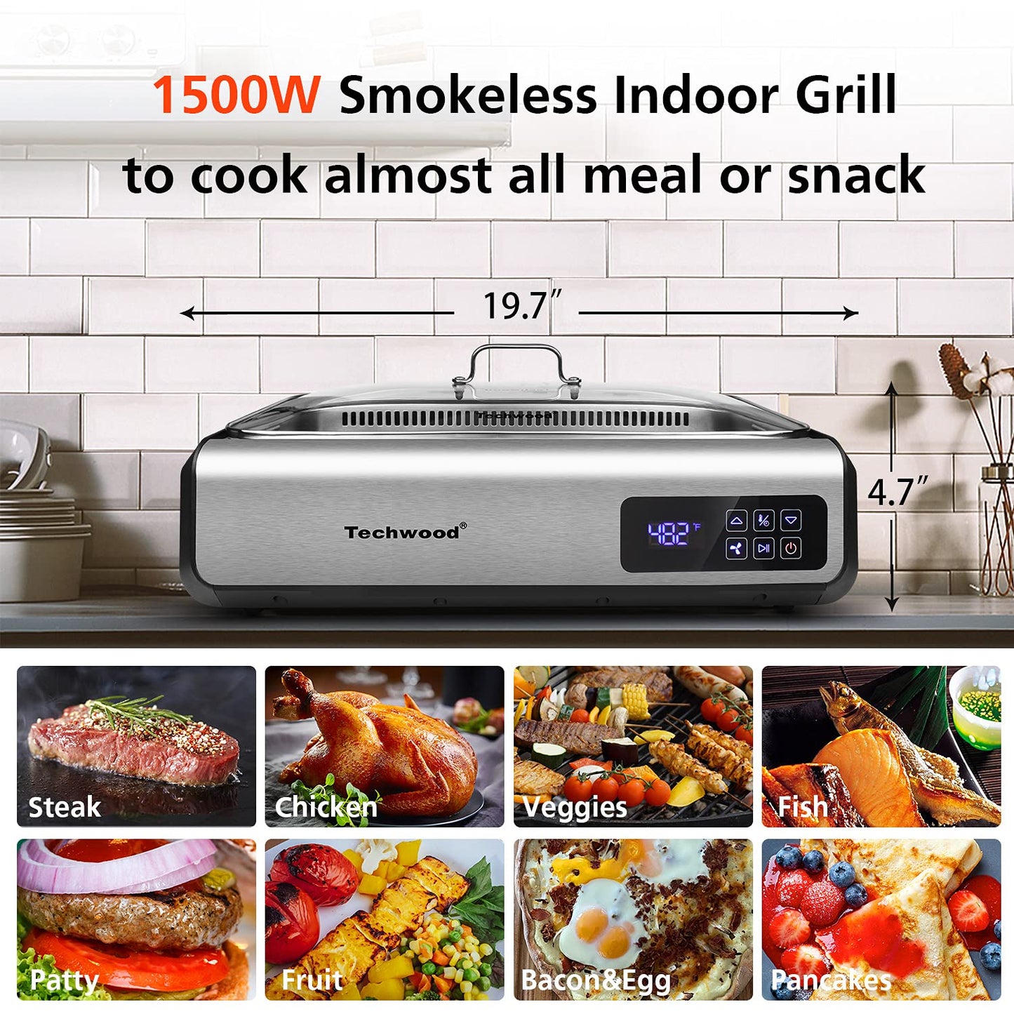 Techwood 1500W Indoor Smokeless Grill with 8 Level Control(Silver)