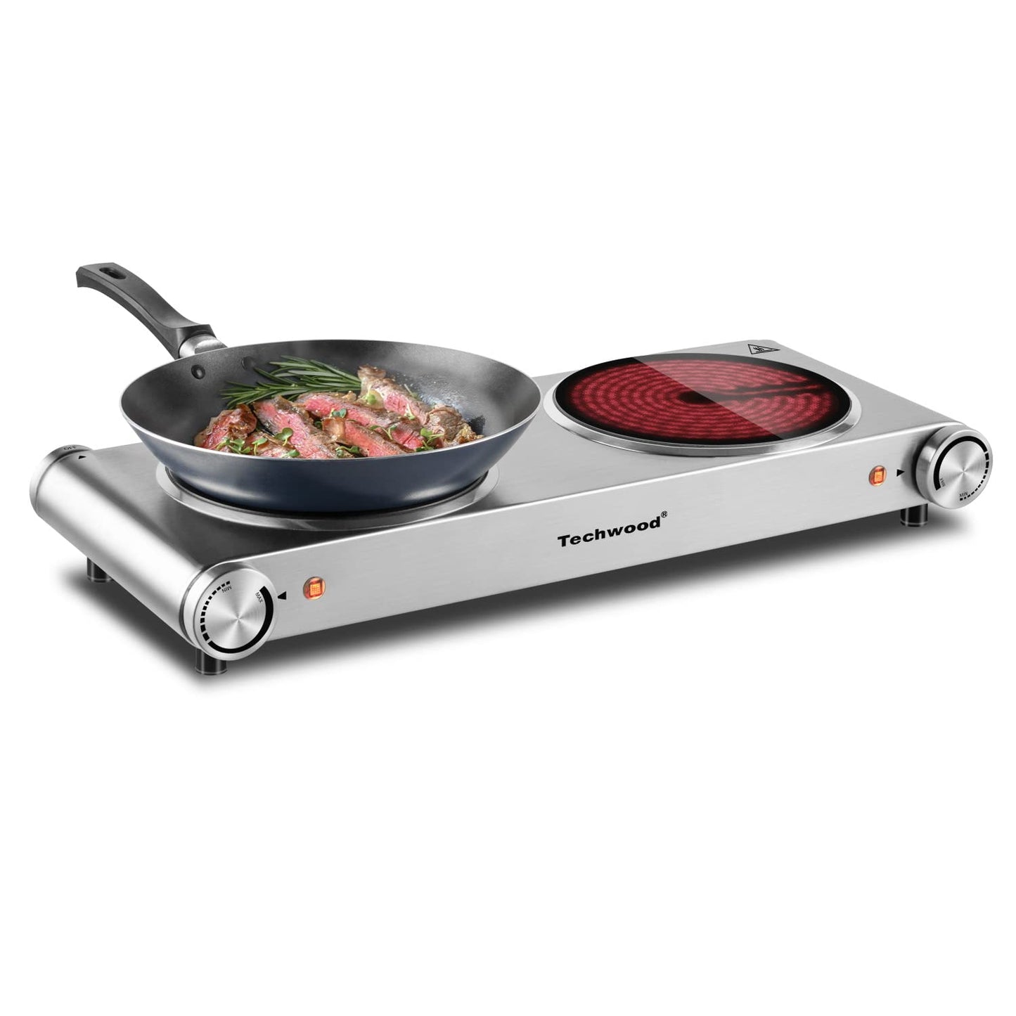 SP Techwood 1800W Electric Hot Plate Cooktop for Cooking, Infrared Ceramic Countertop Stove Top 2 Burners, Stainless Steel Portable Electric Burner, Knob Control, Easy To Clean(Silver)