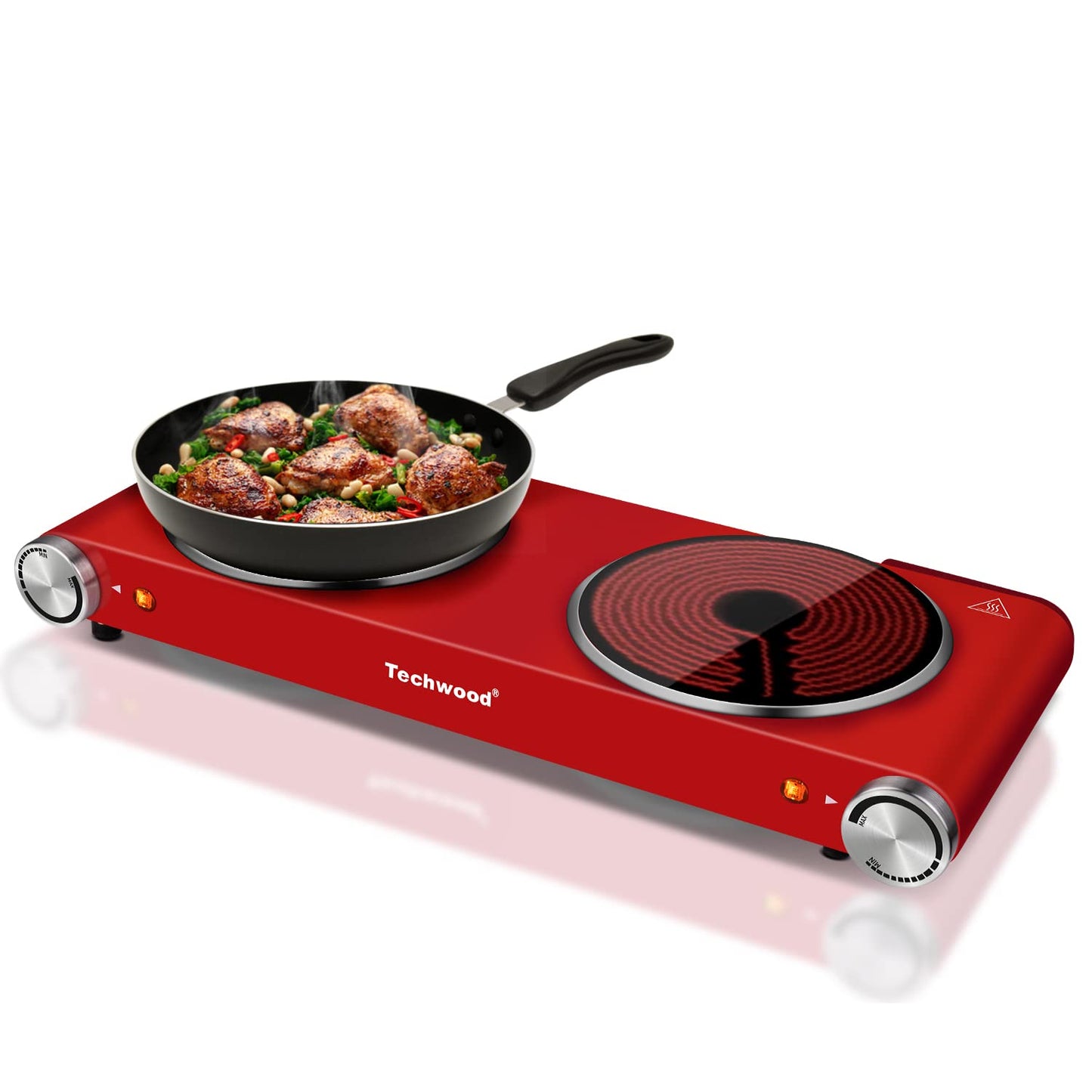 SP Techwood 1800W Electric Hot Plate Cooktop for Cooking, Infrared Ceramic Countertop Stove Top 2 Burners, Stainless Steel Portable Electric Burner, Knob Control, Easy To Clean(Red)