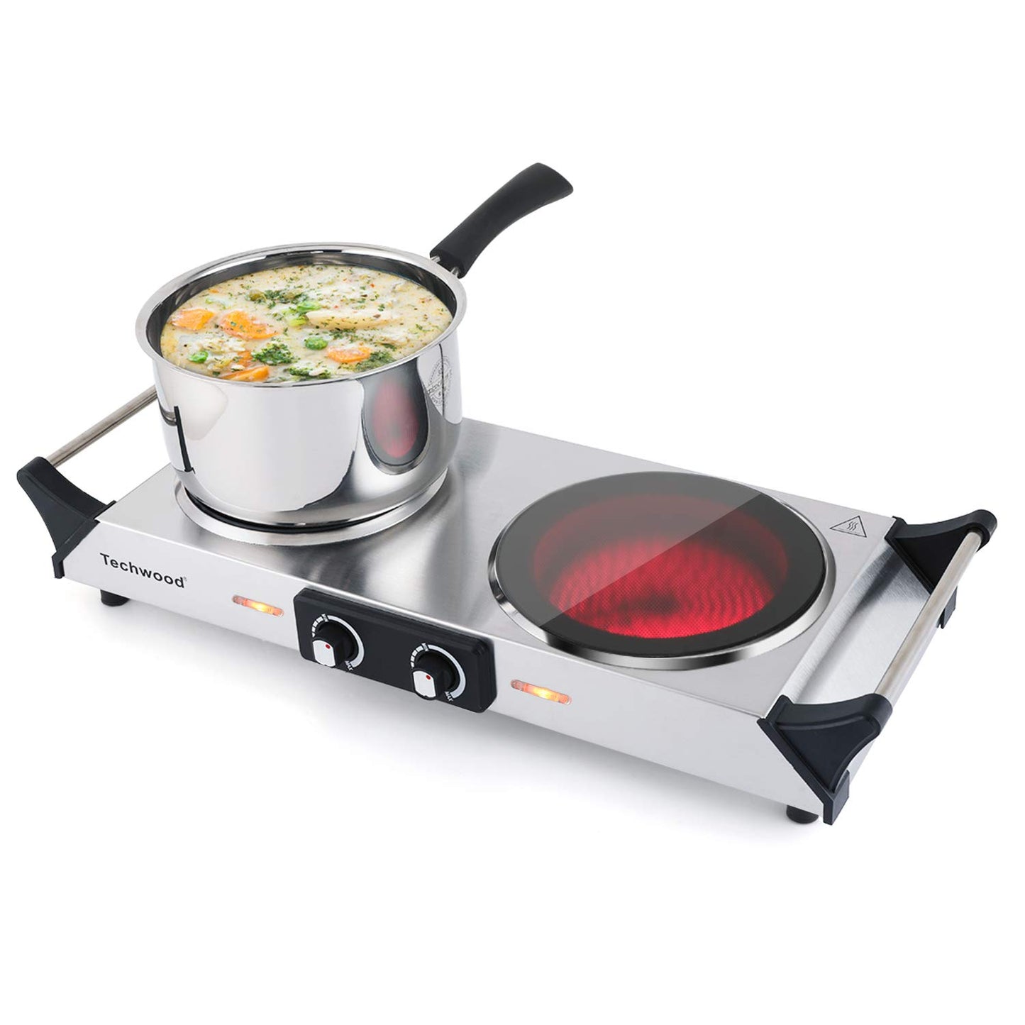 SP Techwood 1800W Dual Control Infrared Ceramic Electric Hot Plate with Anti-Scald Handle, Techwood Electric Cooktop, Dual Electric Stove Burners, Techwood Double Burner for Cooking(Silver)