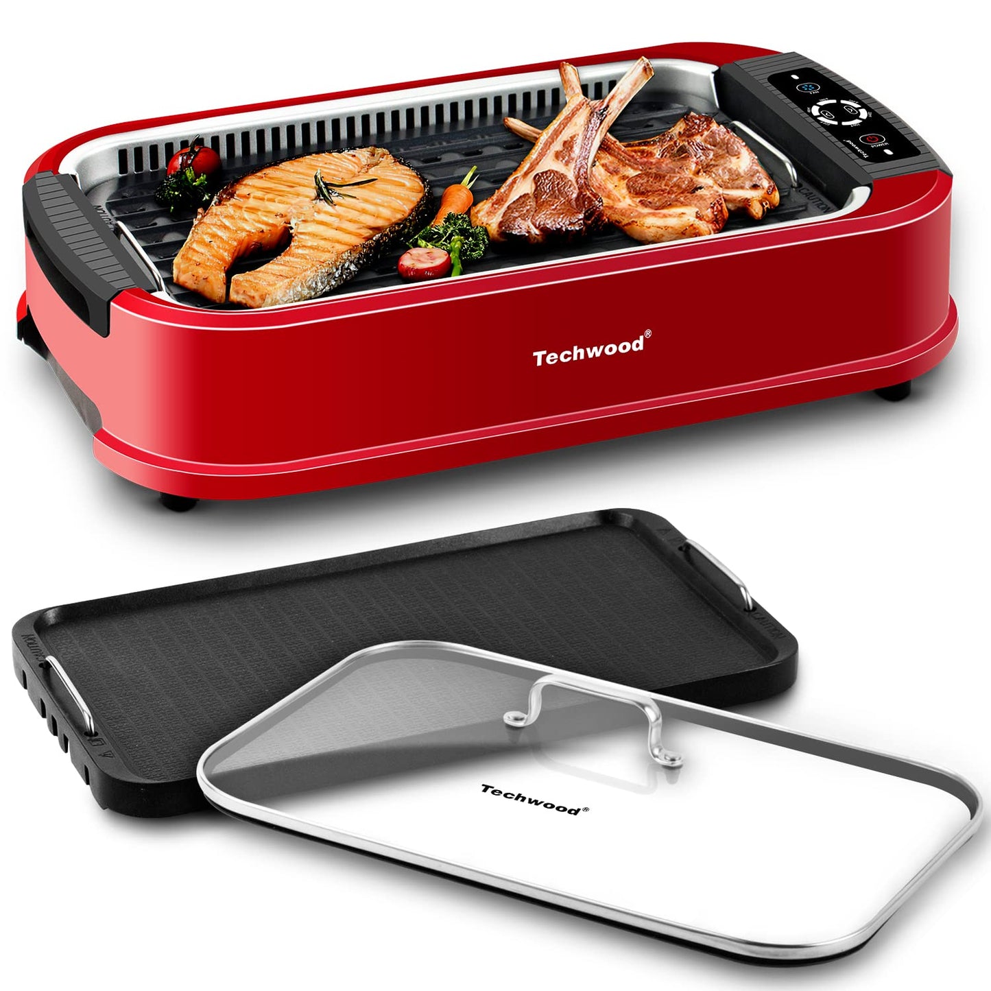 Techwood 1500W Electric Indoor Grill with Tempered Glass Lid, Compact & Portable Non-stick BBQ Grill, Turbo Smoke Extractor Technology, Drip Tray& Double Removable Plate(Red)