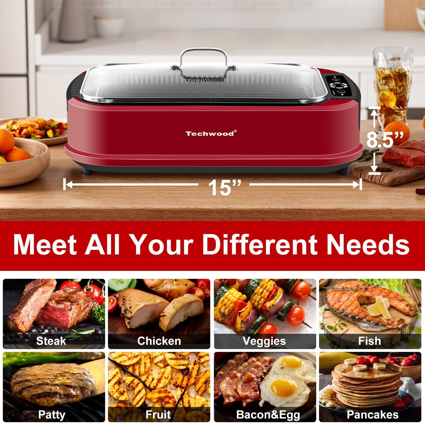 Techwood 1500W Electric Indoor Grill with Tempered Glass Lid, Compact & Portable Non-stick BBQ Grill, Turbo Smoke Extractor Technology, Drip Tray& Double Removable Plate(Red)