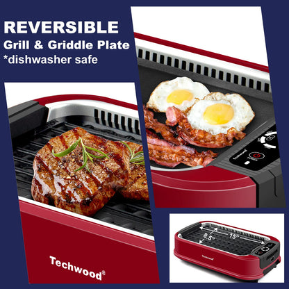 Techwood 1500W Electric Indoor Grill with Tempered Glass Lid, Compact & Portable Non-stick BBQ Grill, Turbo Smoke Extractor Technology, Drip Tray& Double Removable Plate(Red)